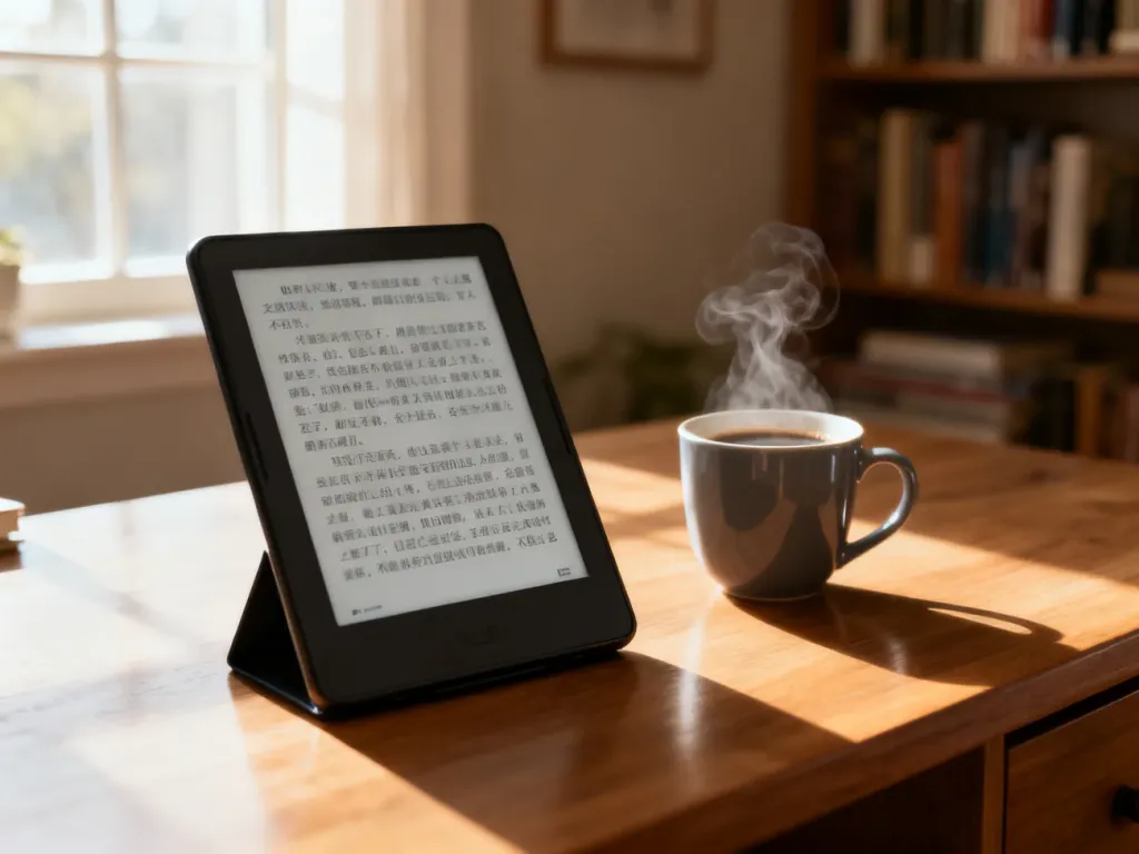 Czytnik e-booków z wyświetlonym tekstem na drewnianym biurku obok filiżanki kawy w przytulnym, domowym wnętrzu.