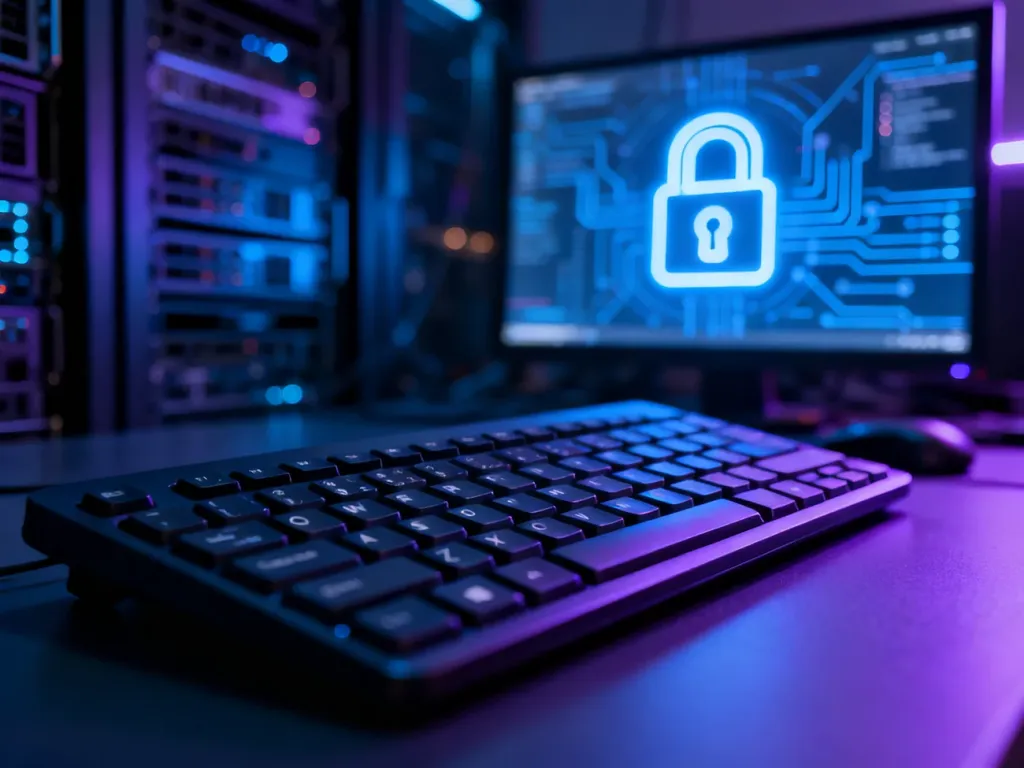Podświetlona klawiatura komputerowa z cyfrową ikoną kłódki w tle, symbolizująca proces zabezpieczania konta Steam.