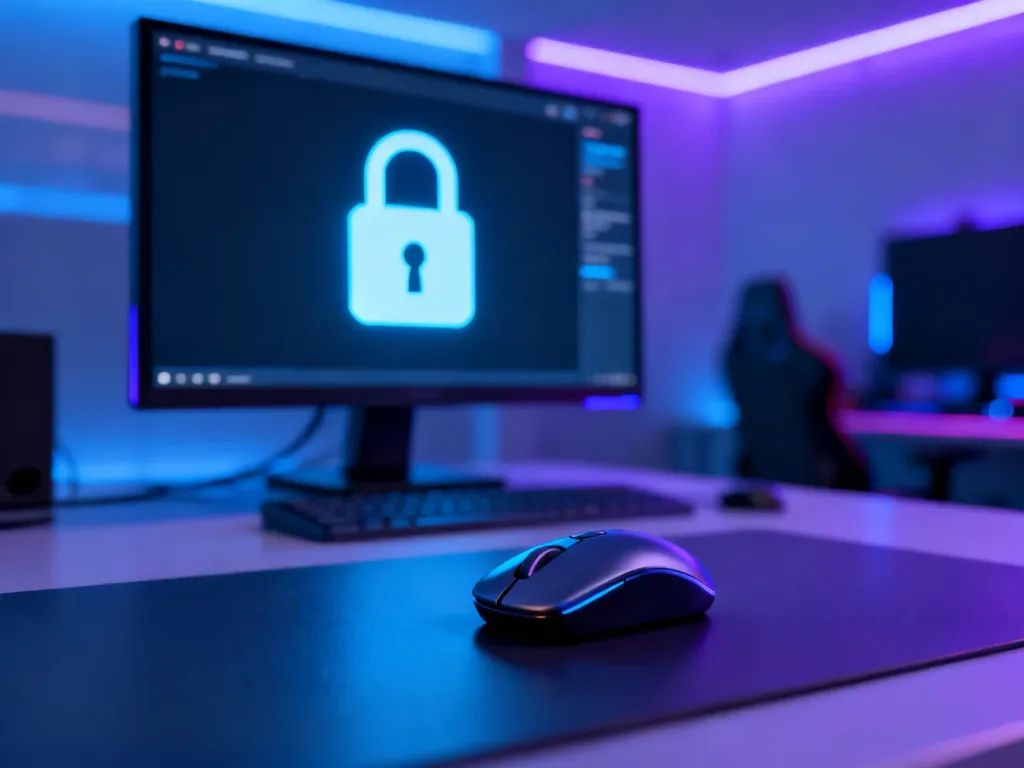 Ikona kłódki na ekranie monitora symbolizująca prywatność i zabezpieczenie gier na profilu Steam w nowoczesnym pokoju gracza.