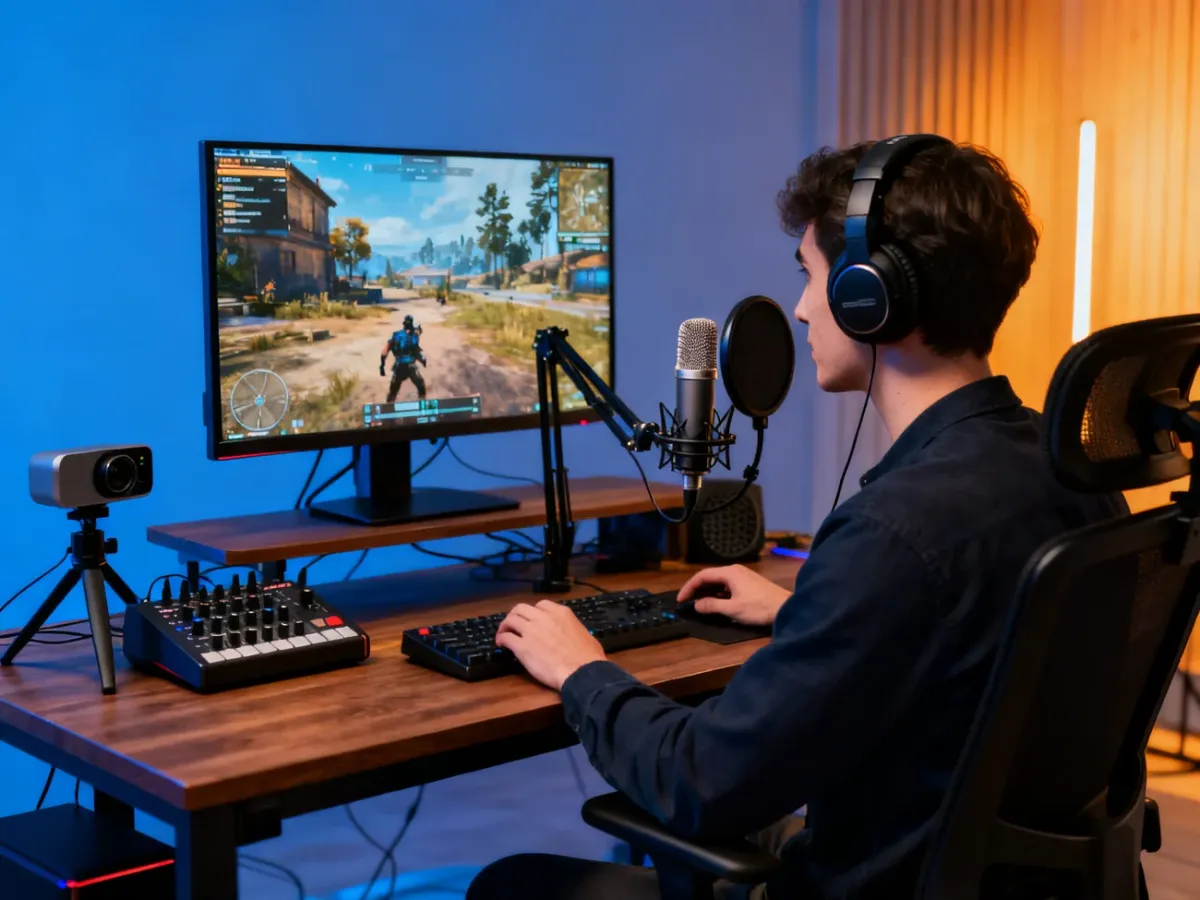Content creator testing gameplay, camera, microphone, and audio recording equipment
