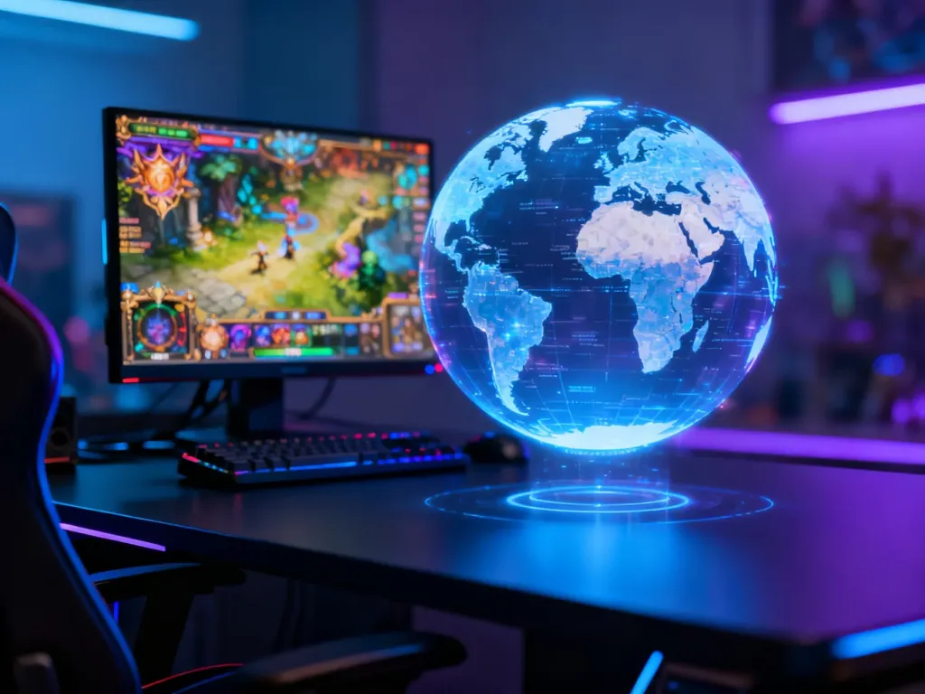 Holograficzny globus na biurku gracza, symbolizujący zmianę regionu w grze League of Legends.