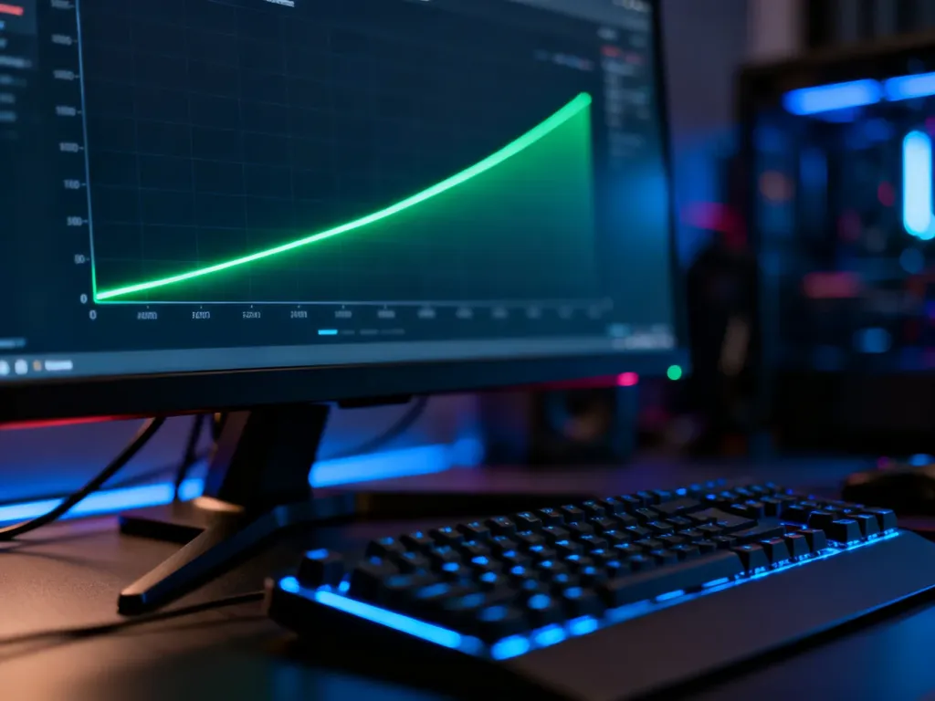 Monitor gamingowy z wykresem płynności obrazu i linią limitu FPS, widoczny za podświetlaną klawiaturą mechaniczną.