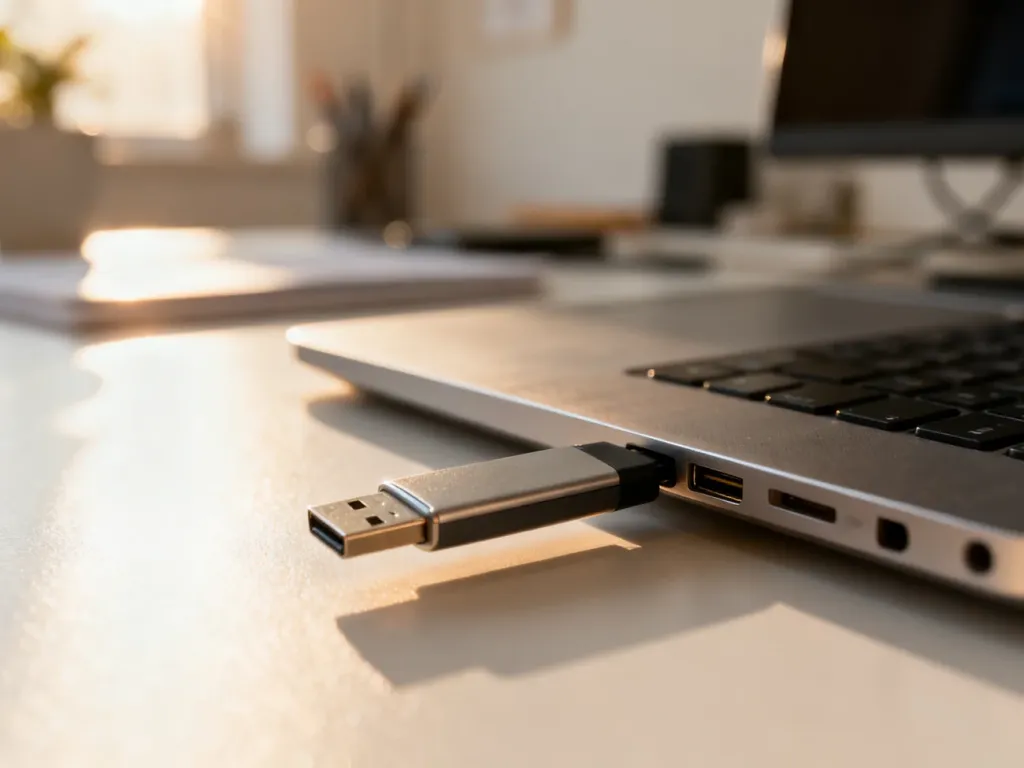 Pendrive wkładany do portu laptopa, symbolizujący proces przenoszenia plików z zapisami gry na nowy komputer.