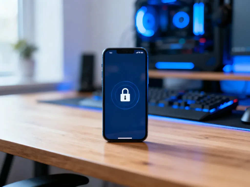 Smartfon z ikoną zabezpieczeń na ekranie, leżący na biurku w pokoju gracza, symbolizujący ochronę konta Steam.