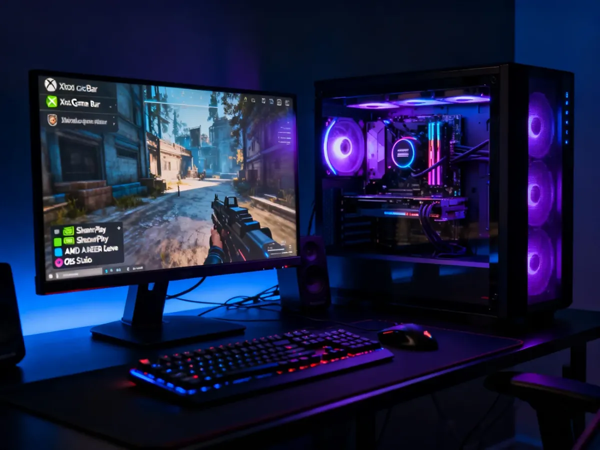 Gaming computer setup with several game recording tools represented by the monitor and hardware