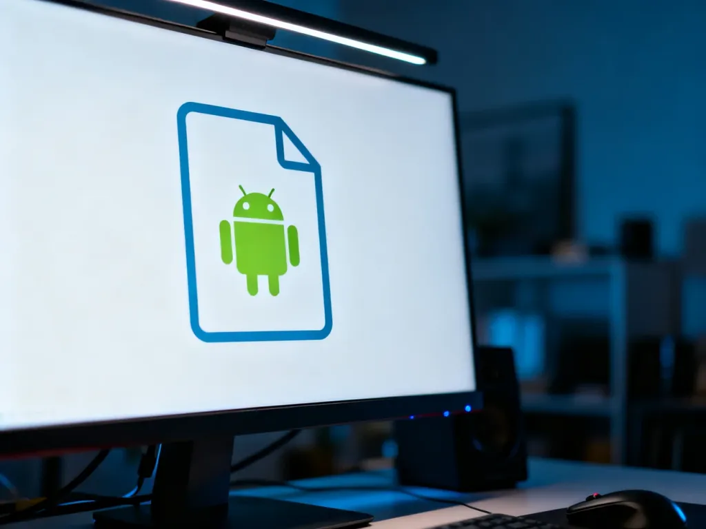 Ikona pliku z logo Androida na ekranie monitora w nowoczesnym biurze, symbolizująca proces otwierania aplikacji na komputerze.