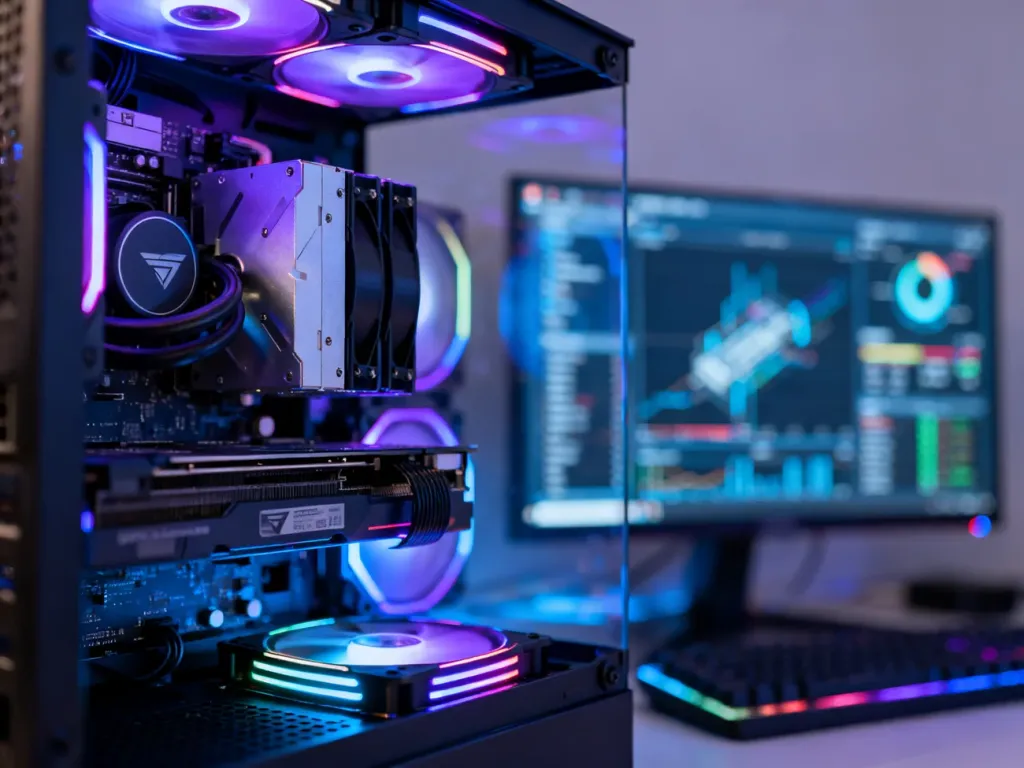 Wnętrze nowoczesnego komputera gamingowego z podświetleniem RGB oraz monitor wyświetlający dane o wydajności systemu.