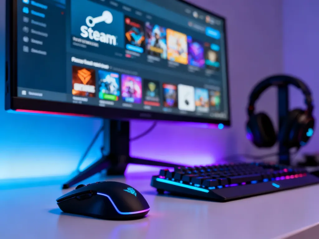 Monitor gamingowy z otwartym sklepem Steam na biurku z oświetleniem LED, gotowy do obsługi zwrotów gier.