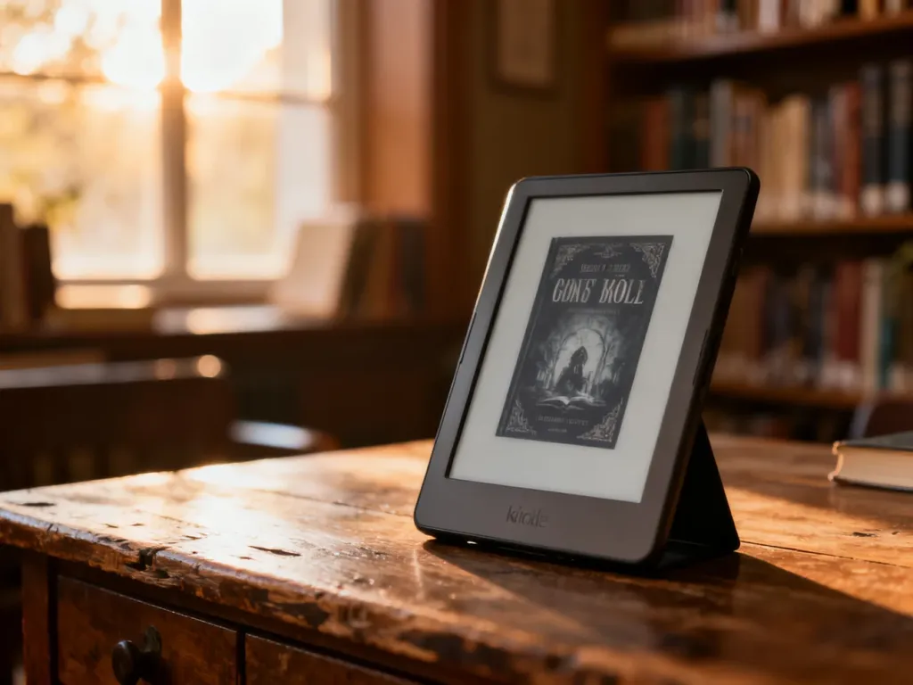 Nowoczesny czytnik e-booków z wyświetloną okładką książki, spoczywający na drewnianym biurku w przytulnej bibliotece.